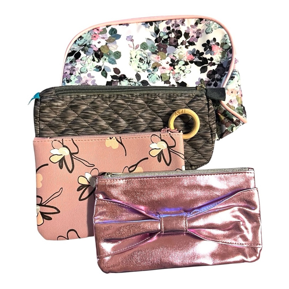 Makeup cosmetic brush zip bags Floral metallic Pink purple heather gray 4 pc Set